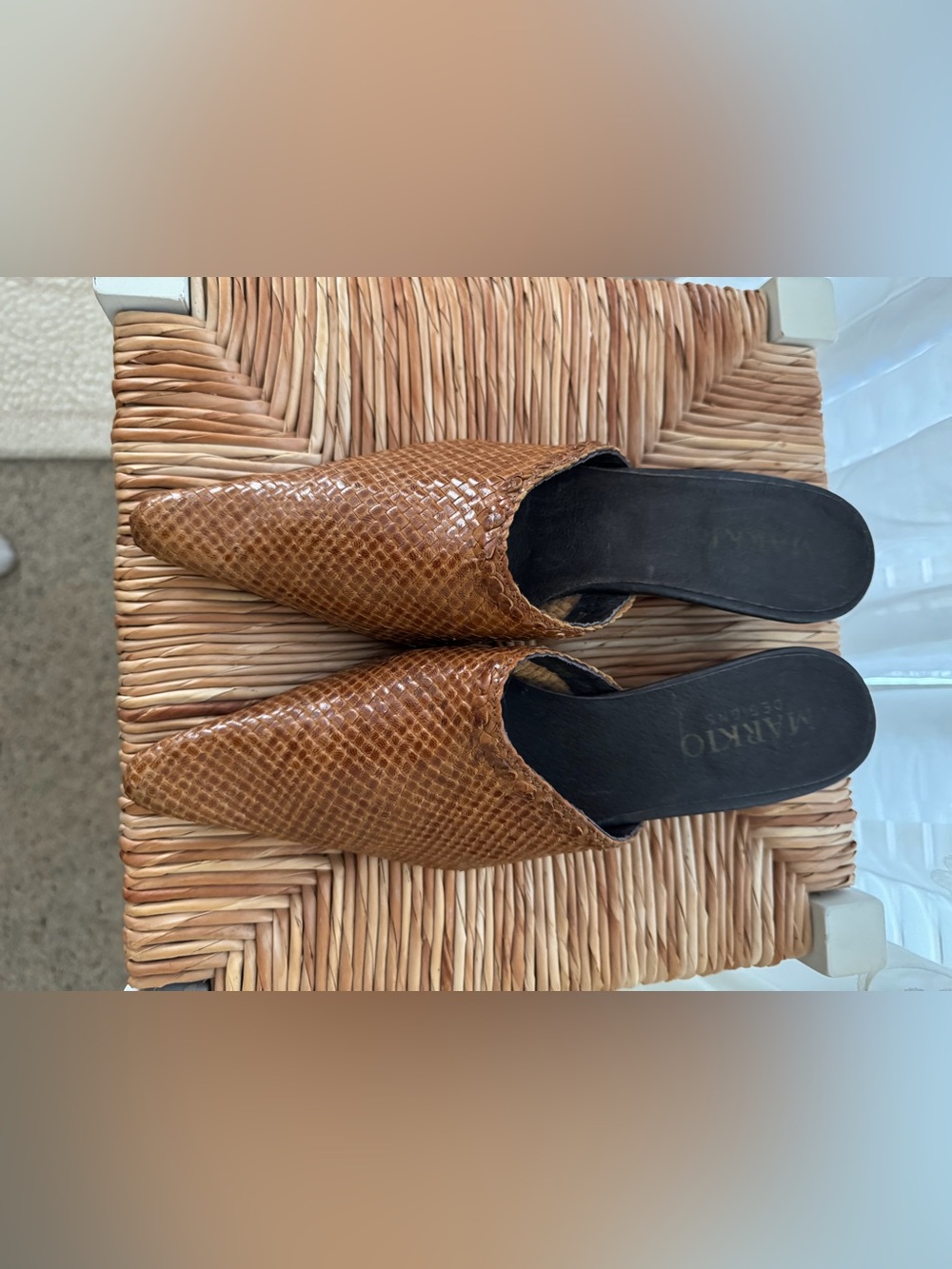 Brown Woven Leather Pointed Toe Mules
